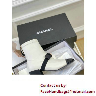 Chanel Heel 5.5cm Stretch Lambskin  &  Patent Calfskin Short Boots with Bow G40099 White 2023